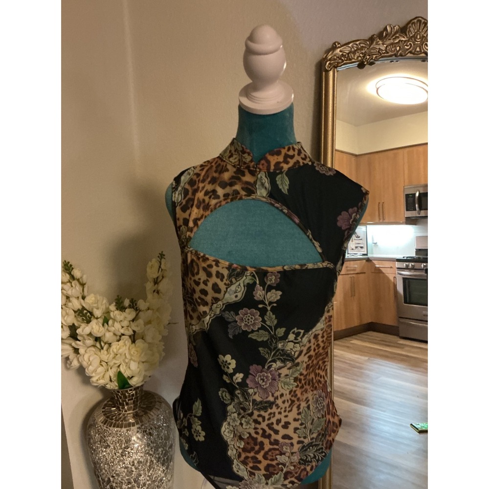Mixed Leopard Floral Cutout Bodysuit Sleeveless High Neck Black Brown Multi